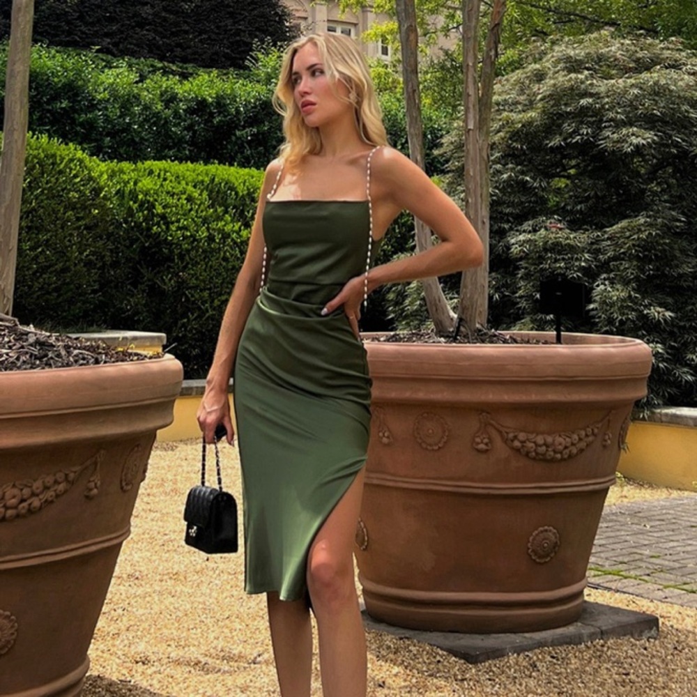 NWT Green Midi Dress with Pearl Straps